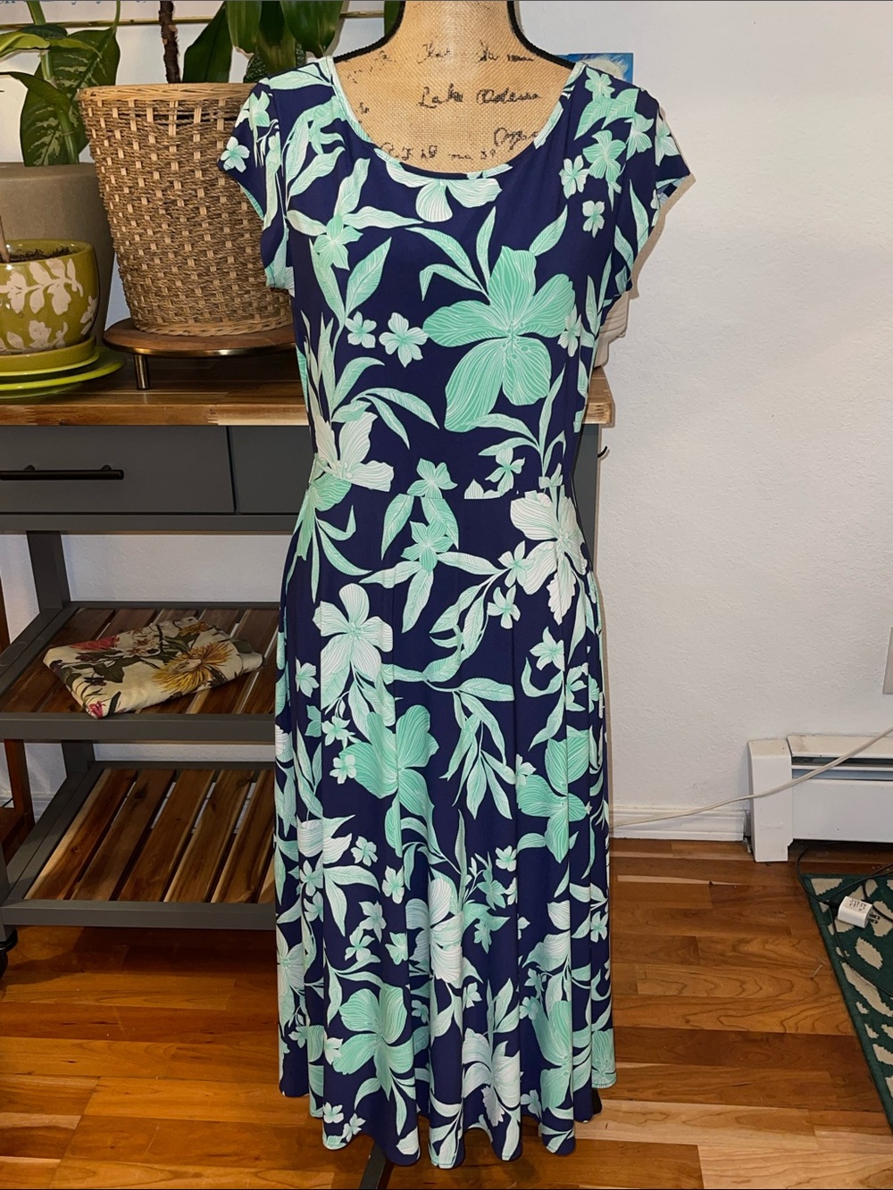 Tori Richard Navy Dress with Mint Floral Print